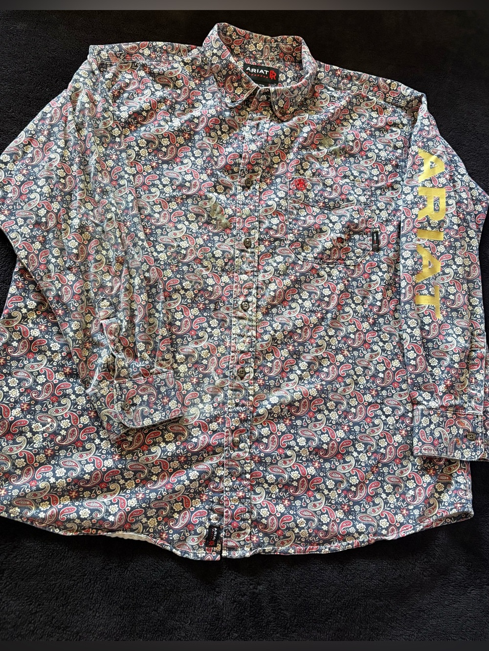 Ariat Fire Resistant CAT 2 ‘Ariat’ on sleeve navy paisley floral work shirt XXL